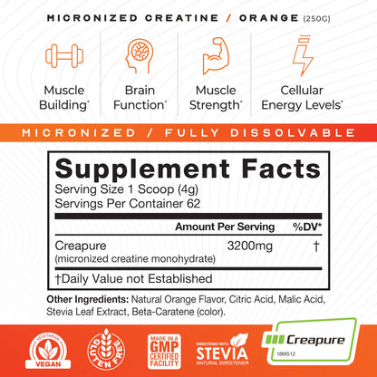 Muscle Feast Creapure Orange Creatine Powder – 62 Servings, Pre- or Post-Workout