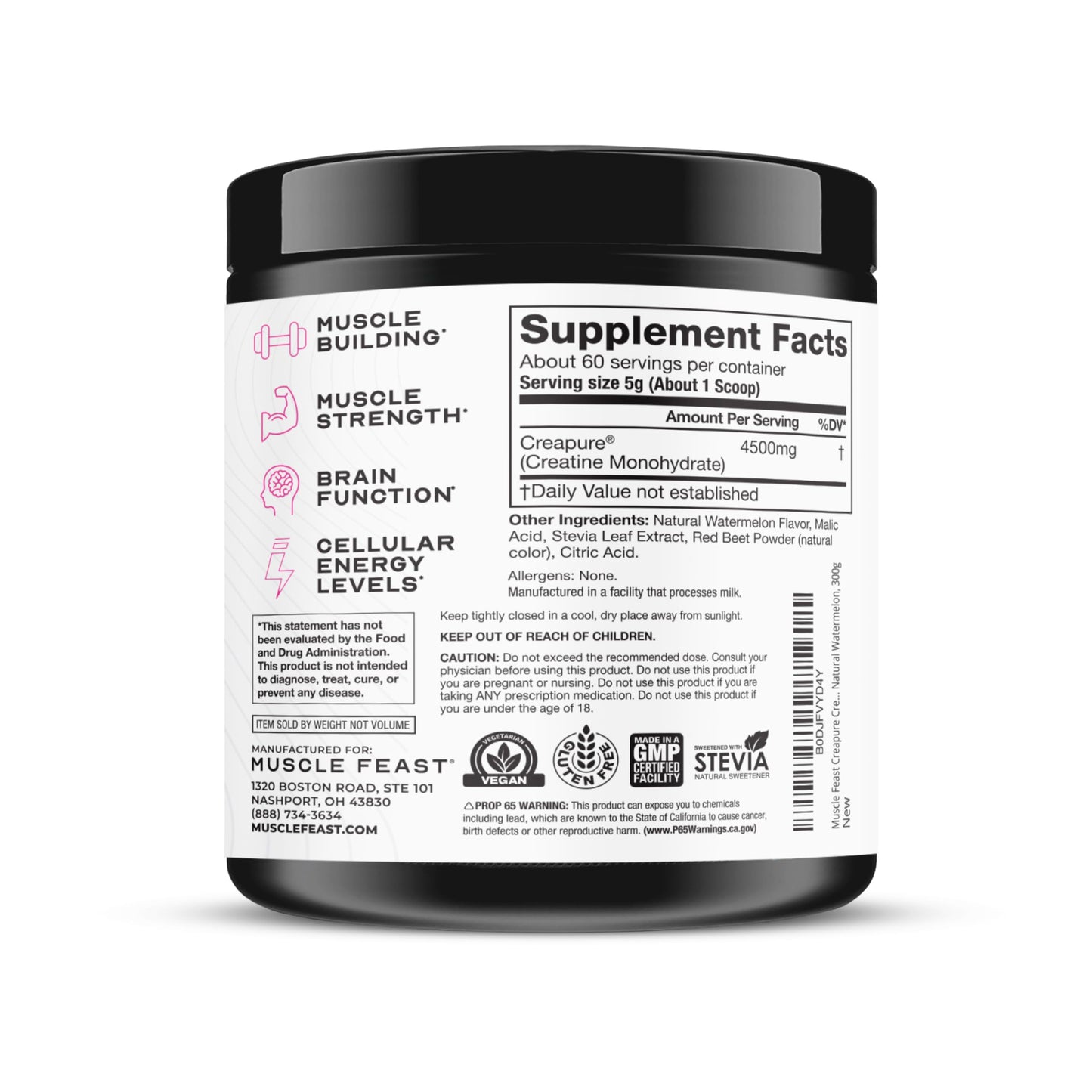 Muscle Feast Creapure Creatine Monohydrate Powder – Natural Watermelon, 60 Servings, 300g