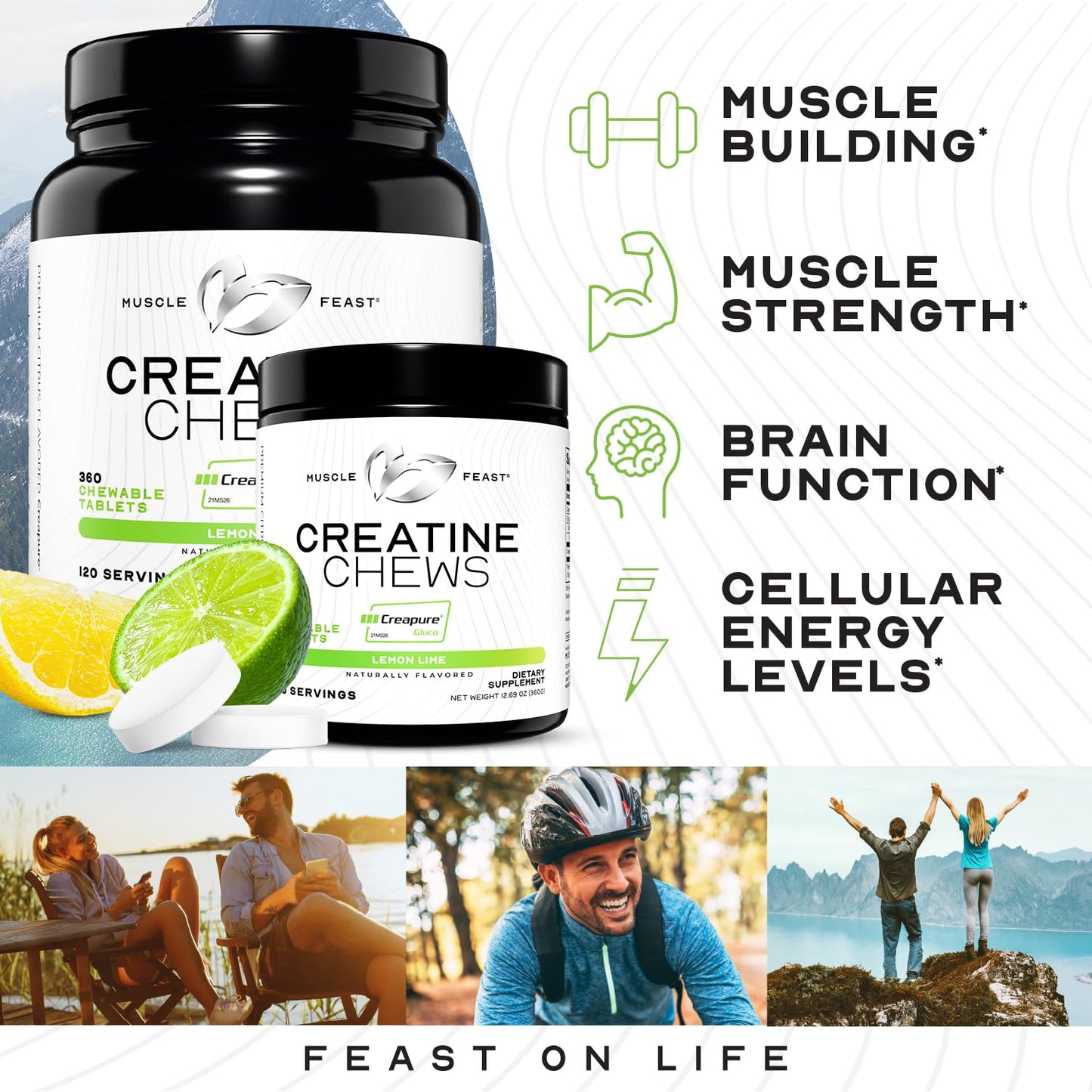 Muscle Feast Creatine Monohydrate Chewables – Vegan, Gluten-Free Creapure Tablets, Lemon Lime Flavor, 360 Tabs