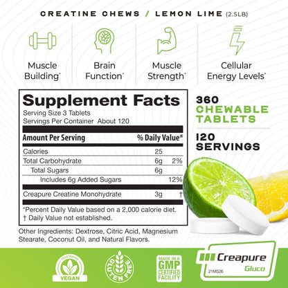 Muscle Feast Creatine Monohydrate Chewables – Vegan, Gluten-Free Creapure Tablets, Lemon Lime Flavor, 360 Tabs