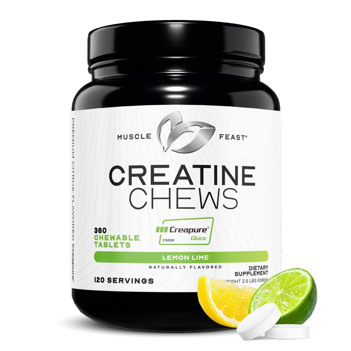 Muscle Feast Creatine Monohydrate Chewables – Vegan, Gluten-Free Creapure Tablets, Lemon Lime Flavor, 360 Tabs