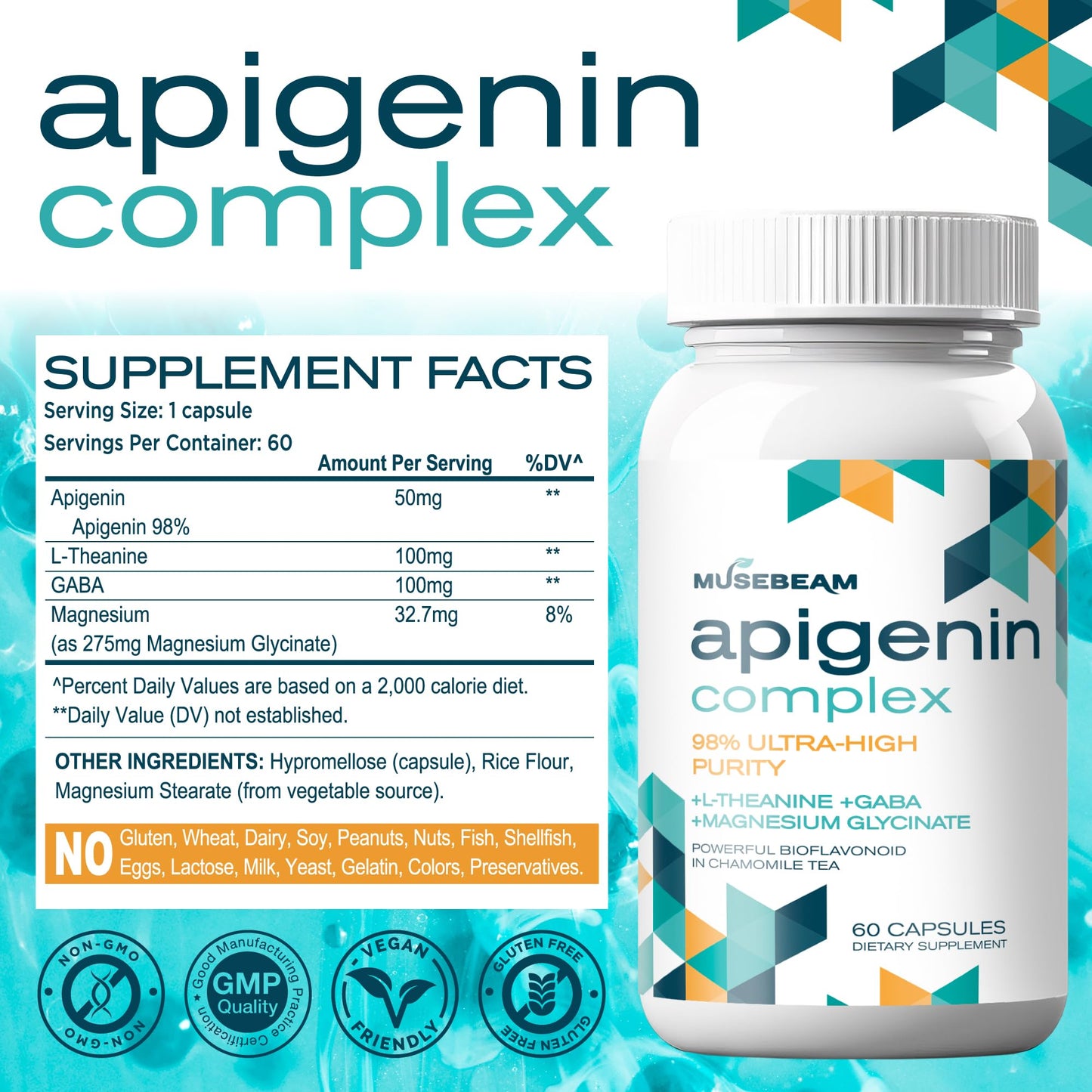 Musebeam Apigenin Supplement for Rest and Relaxation Support - 50mg Apigenin per Capsule with Magnesium Glycinate 275mg, L-Theanine 100mg, GABA 100mg - 98% Ultra-High Purity