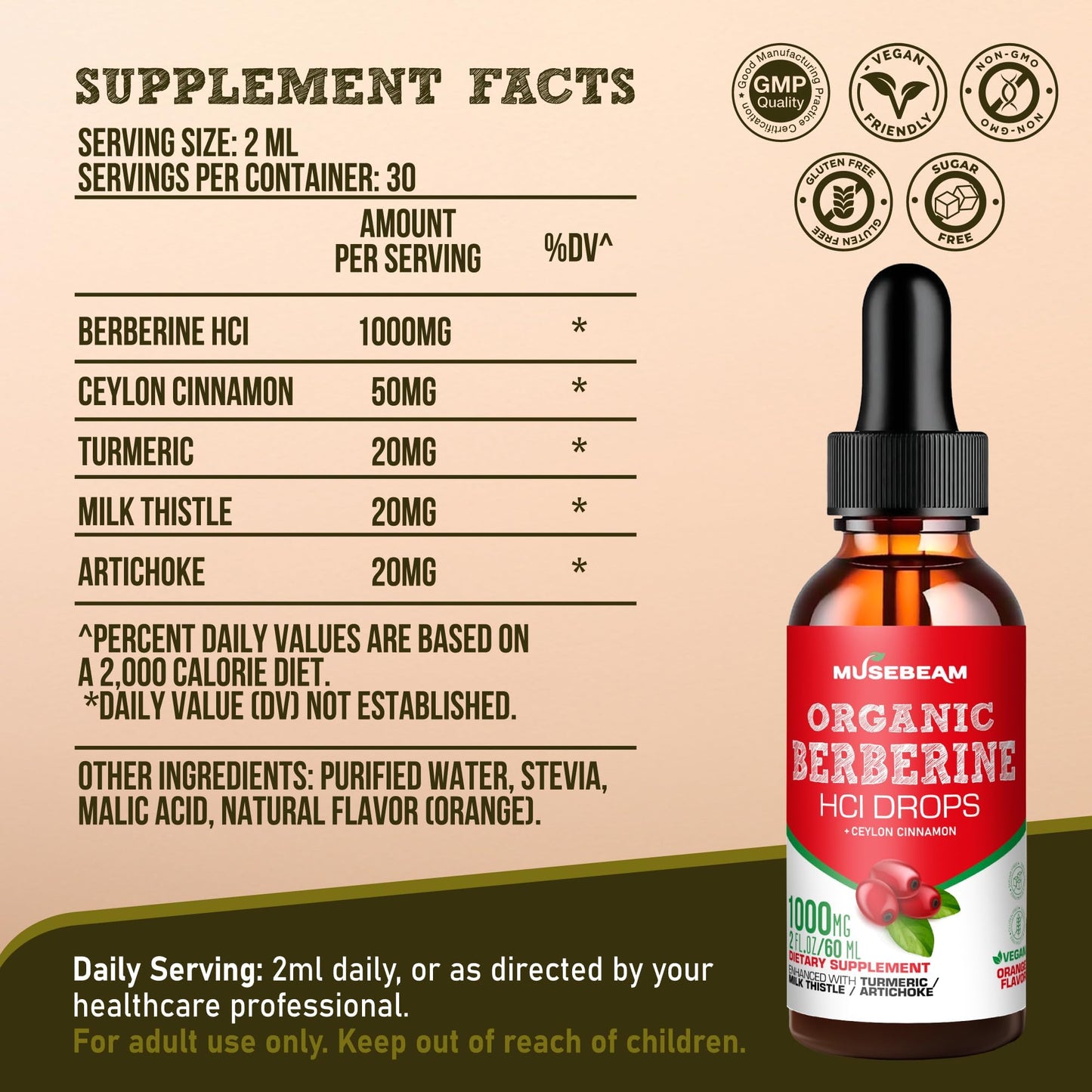 Musebeam Berberine HCL Drops 1000mg – 5-in-1 Cinnamon, Turmeric, Milk Thistle & Artichoke | Vegan, Sugar-Free, Gluten-Free 2 fl oz
