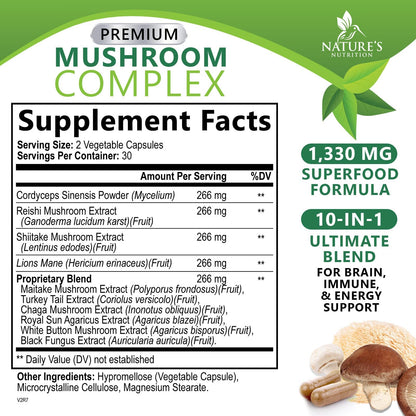 Mushroom Brain Supplement 1330 mg – 10 in 1 High Strength Complex (60 Capsules) | Lions Mane, Reishi, Cordyceps