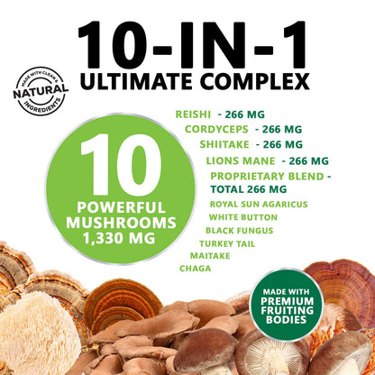Mushroom Brain Supplement 1330 mg – 10 in 1 High Strength Complex (60 Capsules) | Lions Mane, Reishi, Cordyceps
