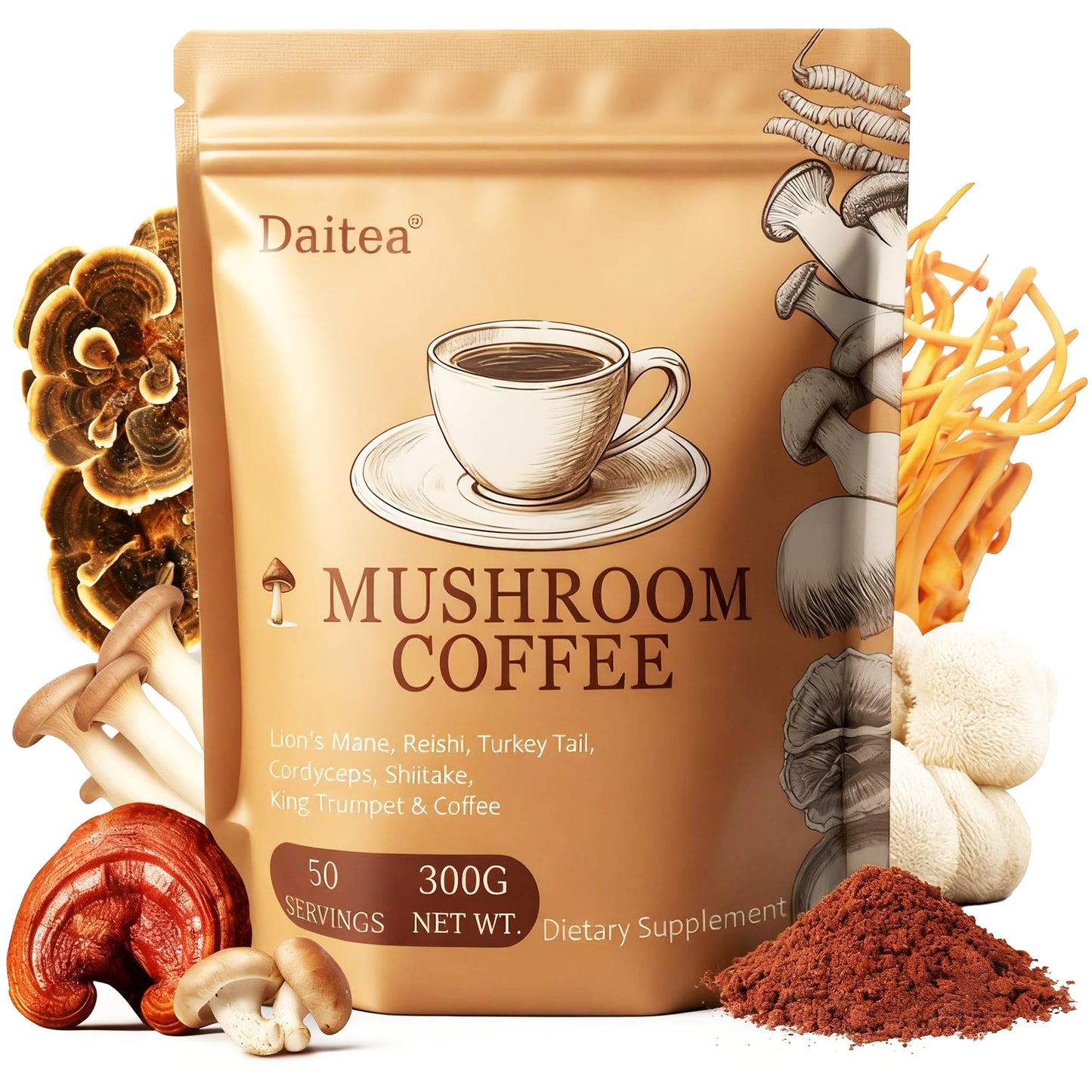 Mushroom Coffee – Adaptogenic Blend with Lion’s Mane, Reishi, Cordyceps, Shiitake, Turkey Tail & King Trumpet | 10.58 oz | 50 Servings