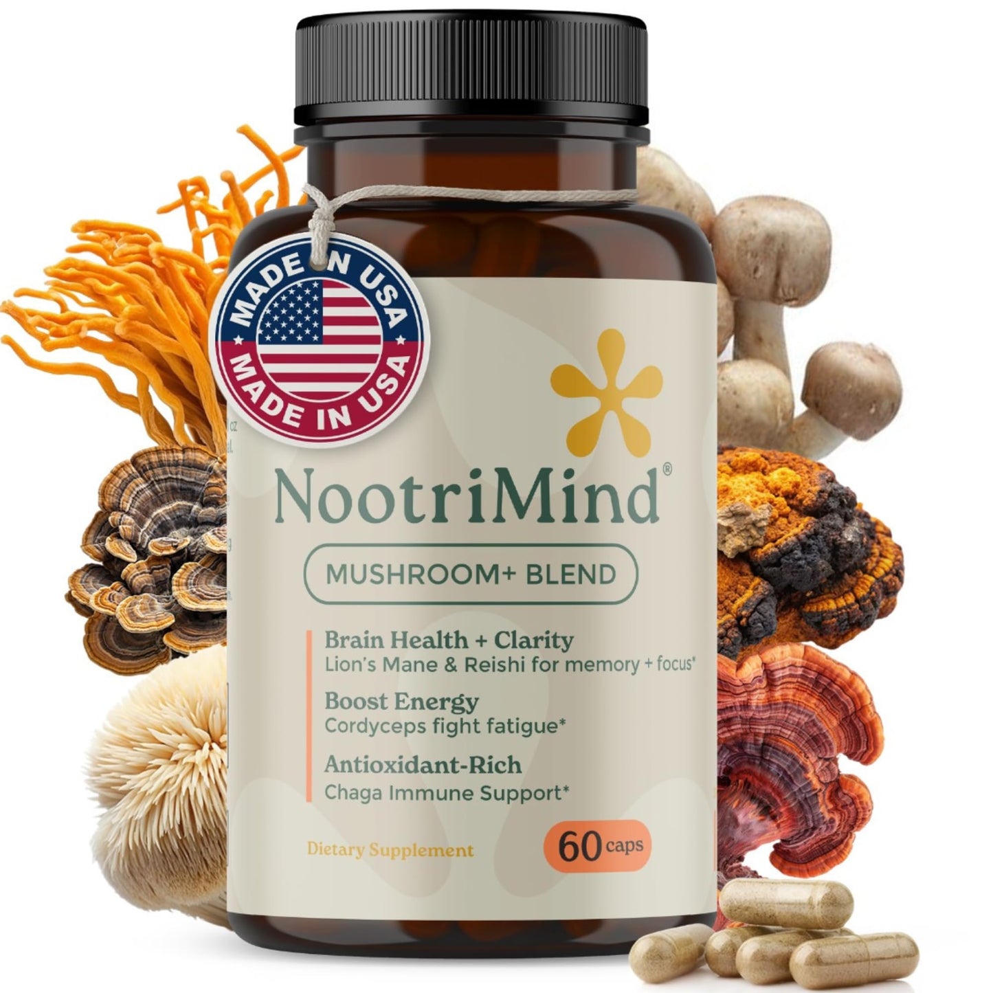 Mushroom Complex – Organic Lions Mane | Reishi | Cordyceps | Turkey Tail | Chaga | Maitake | Shiitake – Brain, Memory & Immune Support – Non-GMO, Gluten-Free - 60 Capsules