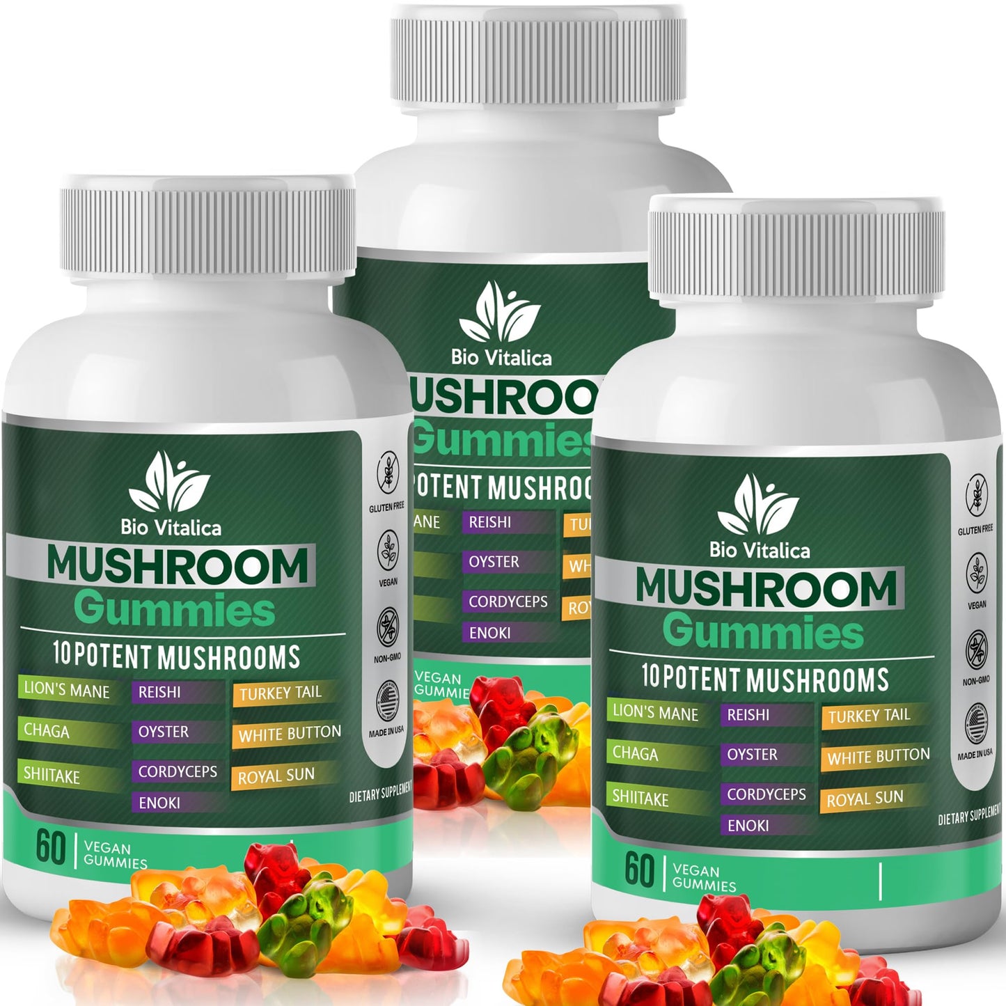 Mushroom Gummies – 10-Mushroom Complex (Lion’s Mane, Reishi, Chaga) – Fruity Vegan, Non-GMO, Gluten-Free – 3 Packs