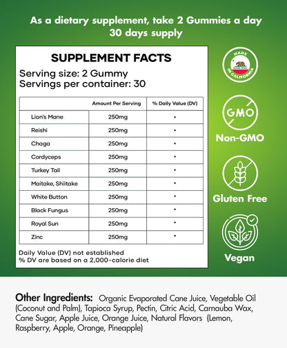 Mushroom Gummies – 10-Mushroom Complex (Lion’s Mane, Reishi, Chaga) – Fruity Vegan, Non-GMO, Gluten-Free – 3 Packs