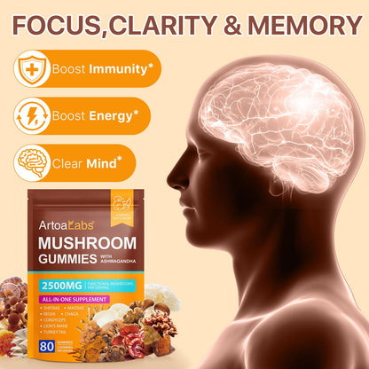 Mushroom Gummies 2500mg - Reishi, Cordyceps & Lions Mane, Immune Support