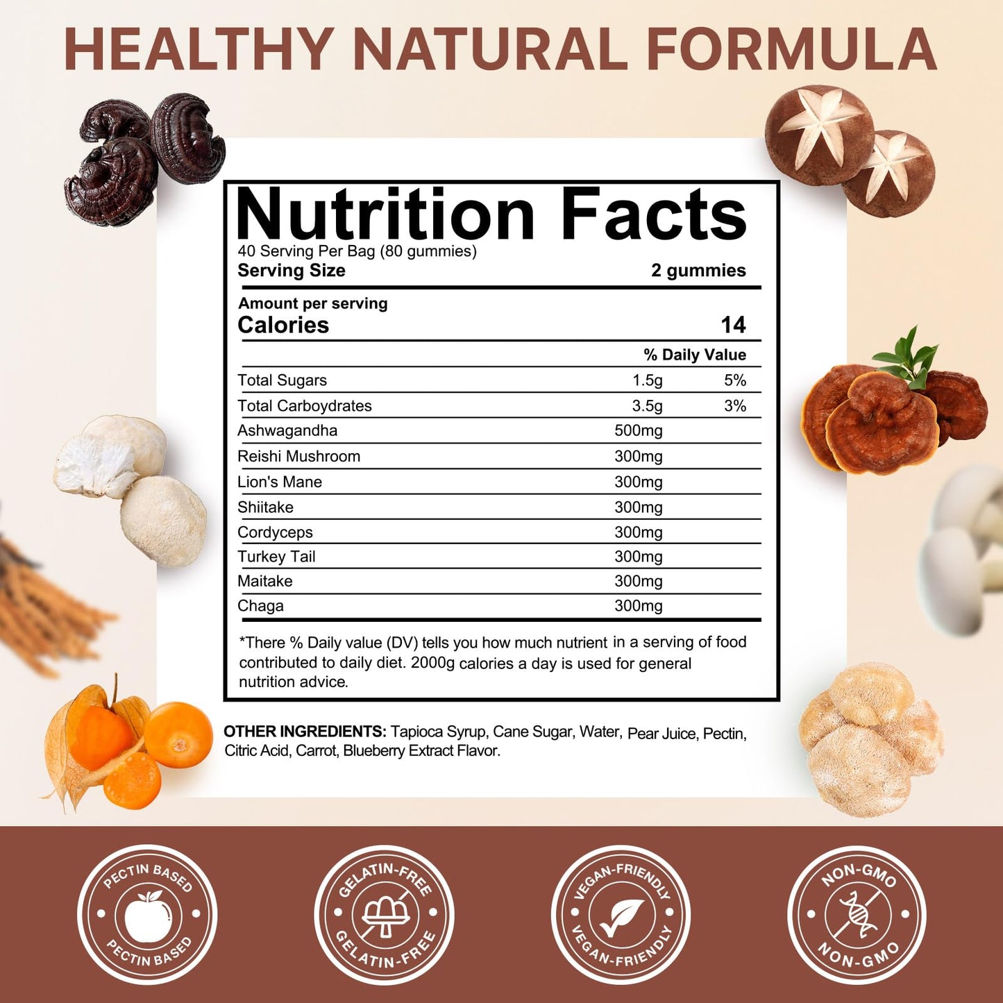 Mushroom Gummies for Adults - Lion's Mane, Reishi & Cordyceps - Vegan, 80 Servings
