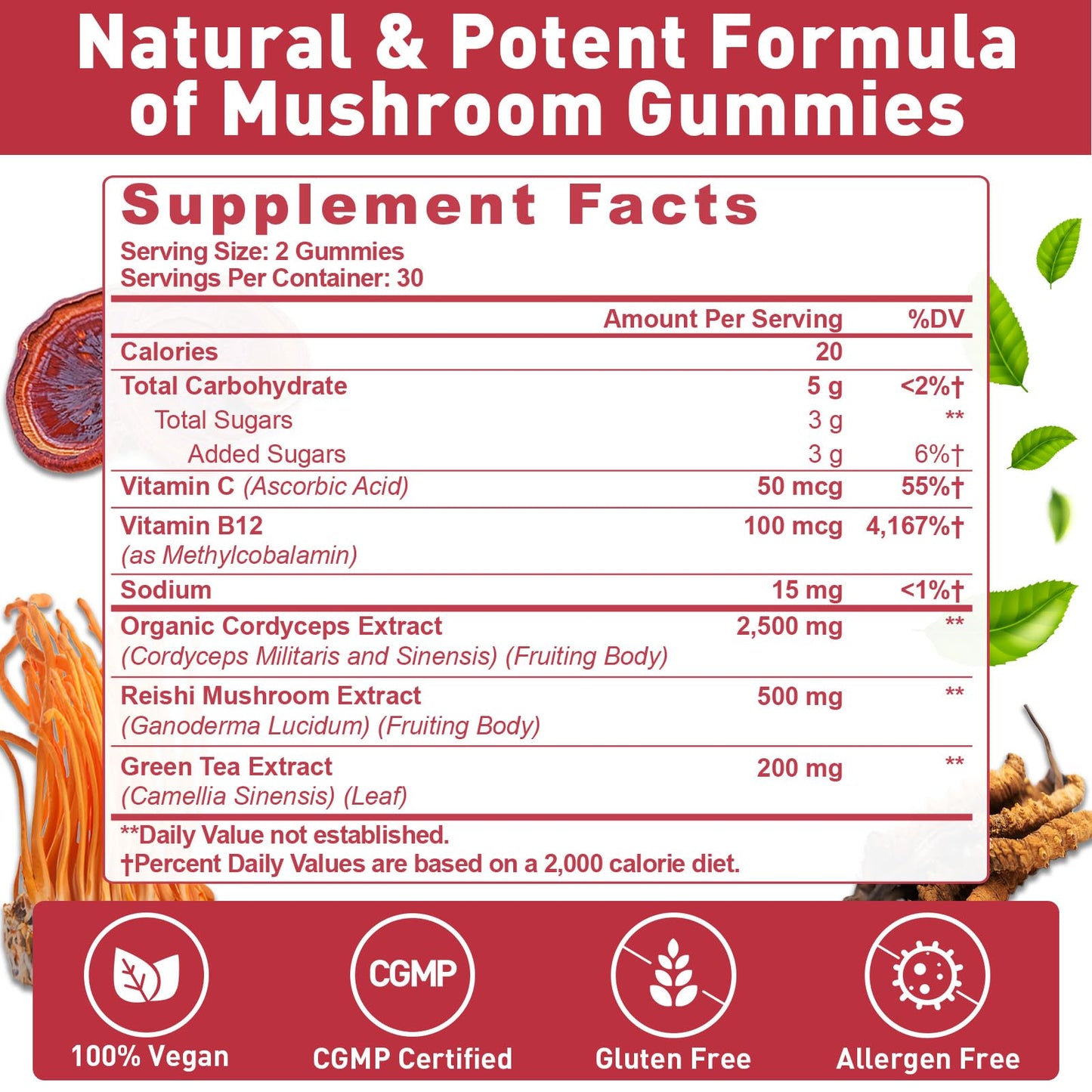 Mushroom Gummies with Cordyceps & Reishi – Brain, Energy, Focus, Immunity & Rest (60 Count)