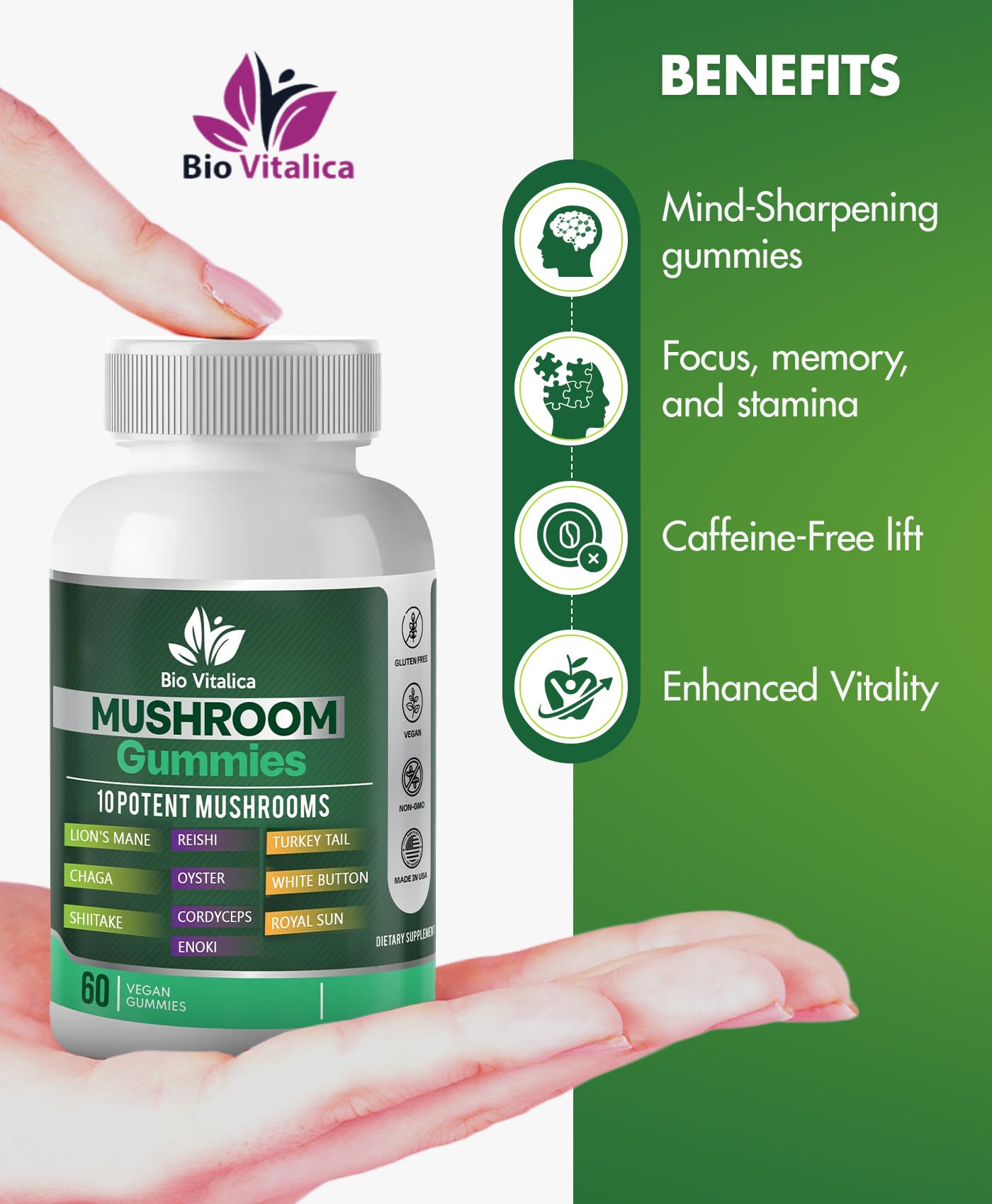 Mushroom Gummies – 10-Mushroom Complex (Lion’s Mane, Reishi, Chaga) – Fruity Vegan, Non-GMO, Gluten-Free – 3 Packs