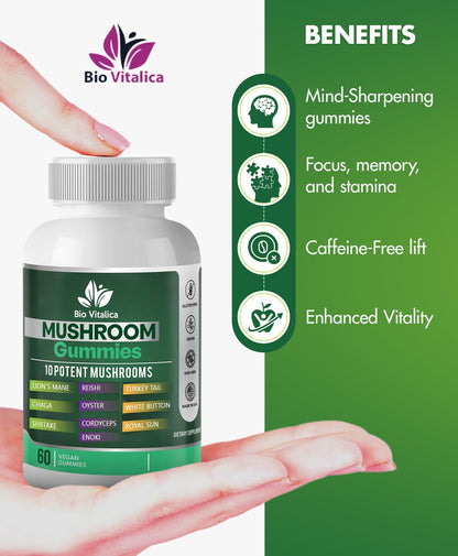 Mushroom Gummies – 10-Mushroom Complex (Lion’s Mane, Reishi, Chaga) – Fruity Vegan, Non-GMO, Gluten-Free – 3 Packs
