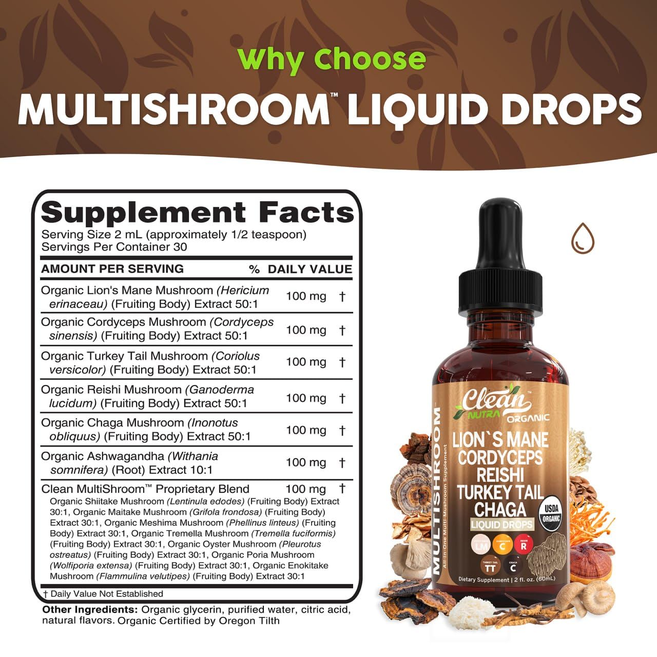 Clean Nutra Mushroom Liquid Drops | Lions Mane, Cordyceps, Reishi & Turkey Tail