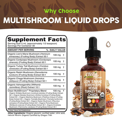 Clean Nutra Mushroom Liquid Drops | Lions Mane, Cordyceps, Reishi & Turkey Tail