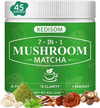 Mushroom Matcha Adaptogenic Blend – 7 Mushrooms + Ceremonial Grade Matcha, 45 Servings