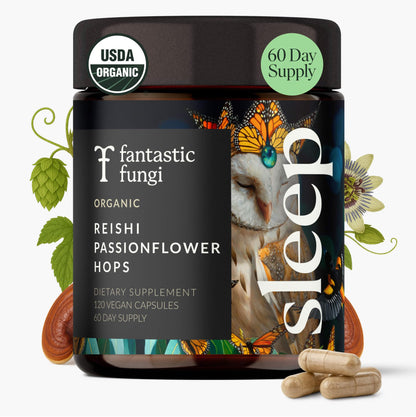 Mushroom Sleep Supplement — Reishi, Passionflower & Hops | 100% USDA Organic, Vegan, 120 Caps