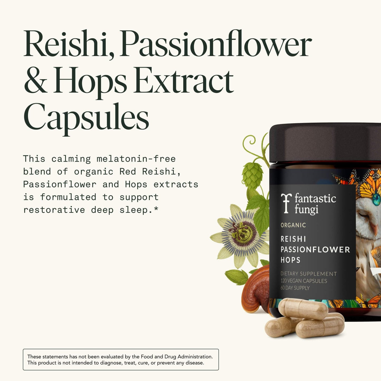 Mushroom Sleep Supplement — Reishi, Passionflower & Hops | 100% USDA Organic, Vegan, 120 Caps