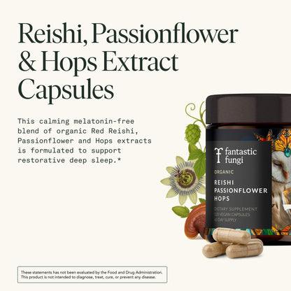Mushroom Sleep Supplement — Reishi, Passionflower & Hops | 100% USDA Organic, Vegan, 120 Caps