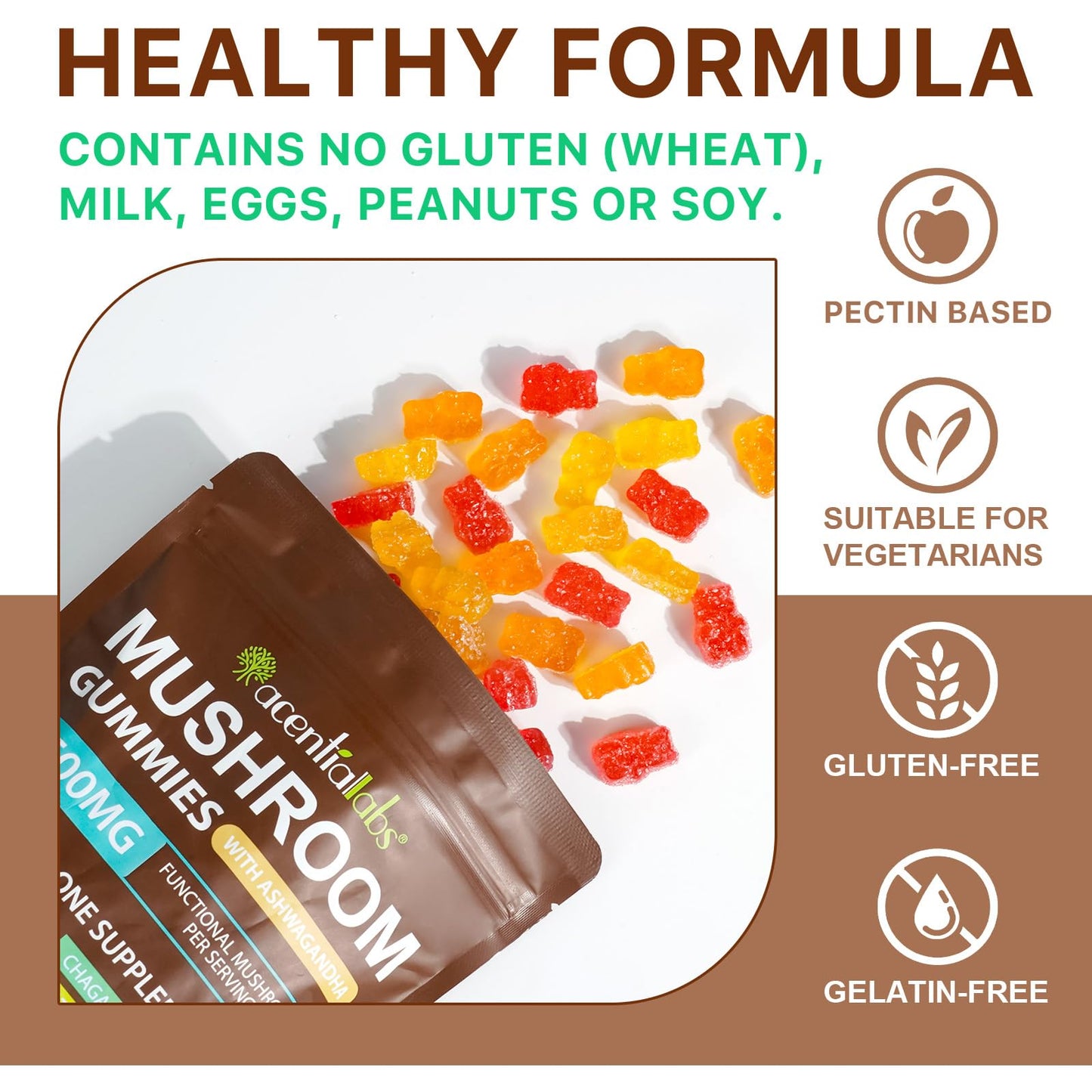 Mushroom Gummies for Adults — 10x Mushroom Supplement for Energy, Focus, Mood, Immune & Cognitive Support | Vegan, 80 Gummies