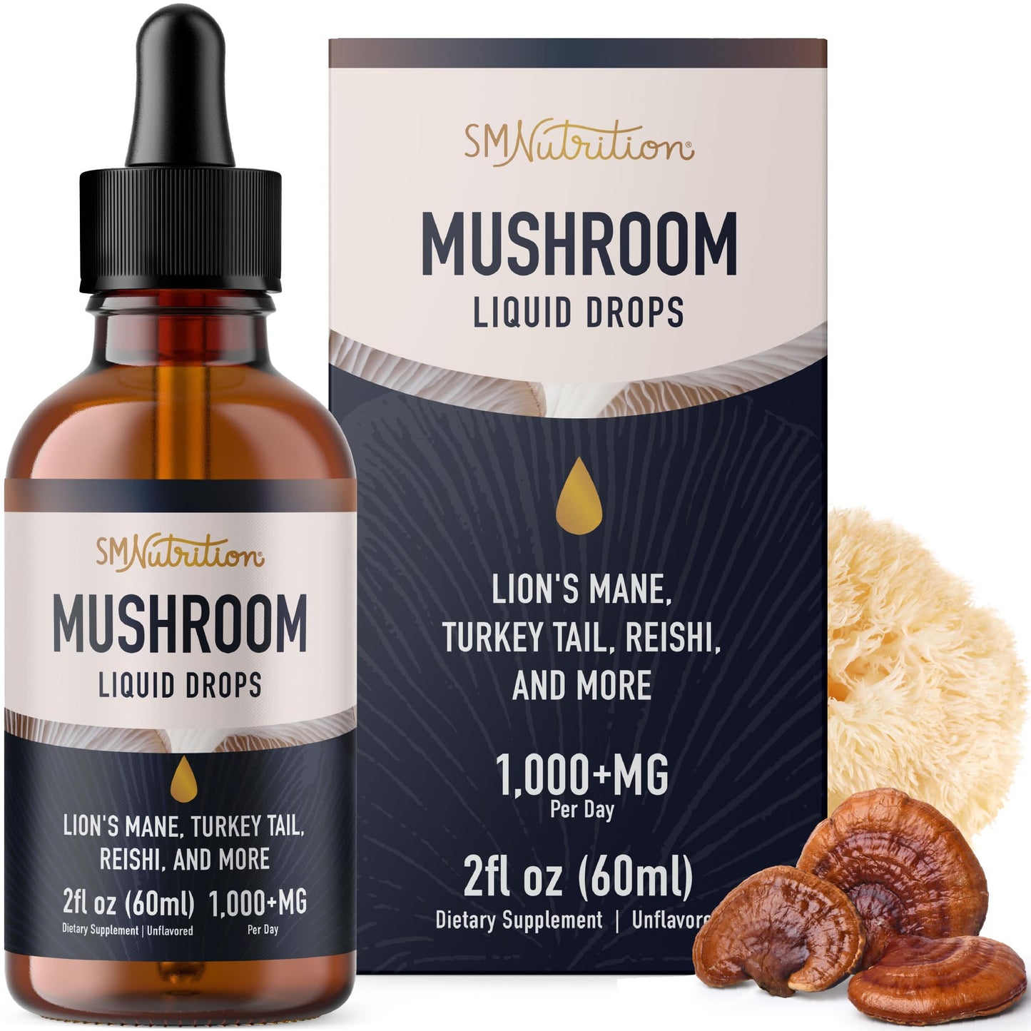 Mushrooms Liquid Drops Complex | Lions Mane & Turkey Tail | 2 Oz, 60 Servings | Non-GMO, Soy-Free