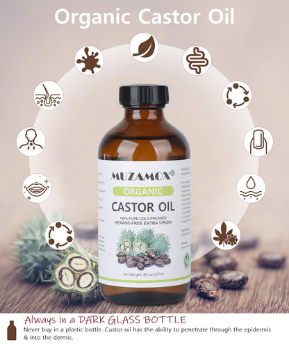 MUZAMOX Castor Oil Pack Set – 8oz Glass Bottle, Organic Cold-Pressed Oil Included