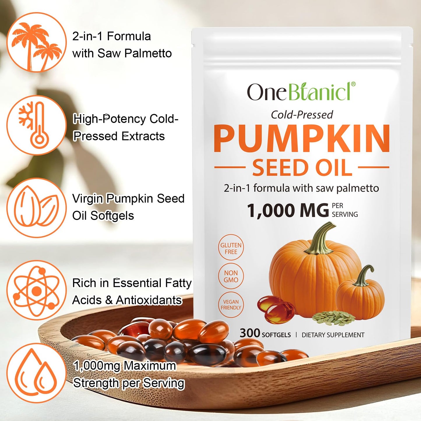 MXCZBSM 2-in-1 Pumpkin Seed Oil with Saw Palmetto – Hair & Prostate Health, 300 Softgels