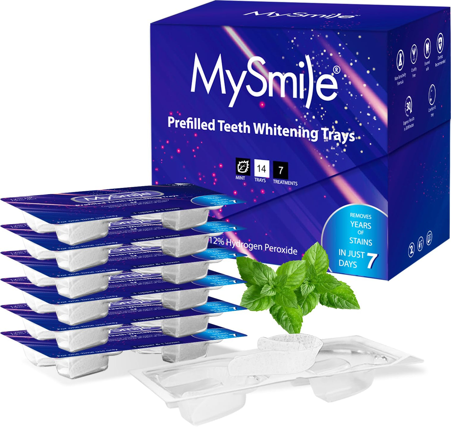 MySmile 7-Day Prefilled Teeth Whitening Trays Kit – 12% Hydrogen Peroxide, Mint