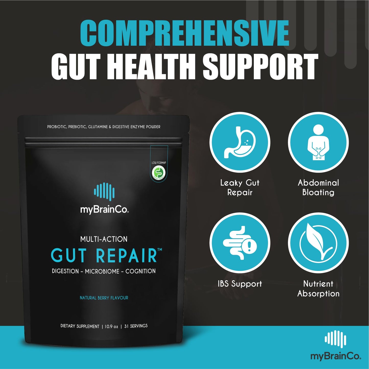 myBrainCo Gut Repair – Low FODMAP Digestive Support Powder with Probiotics, Enzymes & Glutamine (310g)