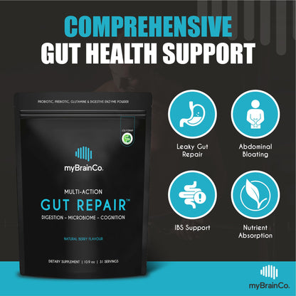 myBrainCo Gut Repair – Low FODMAP Digestive Support Powder with Probiotics, Enzymes & Glutamine (310g)
