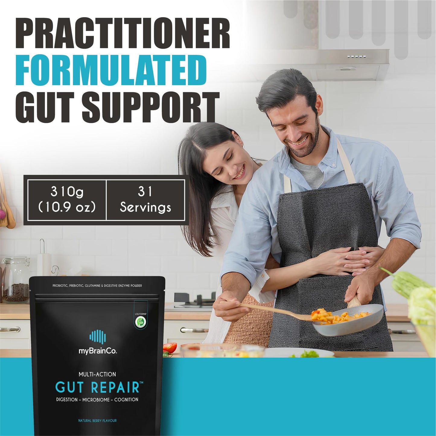 myBrainCo Gut Repair – Low FODMAP Digestive Support Powder with Probiotics, Enzymes & Glutamine (310g)