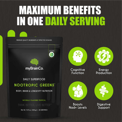 myBrainCo. Nootropic Greens — Premium Organic Brain, Body & Longevity Optimizer (15.9 oz)