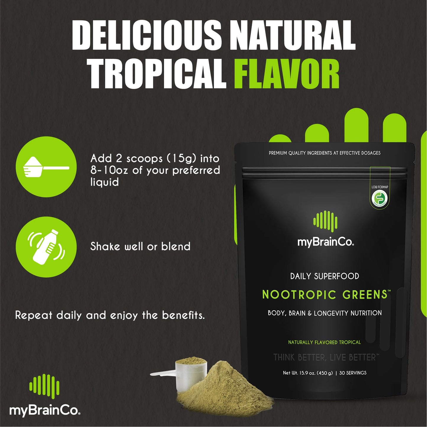 myBrainCo. Nootropic Greens — Premium Organic Brain, Body & Longevity Optimizer (15.9 oz)