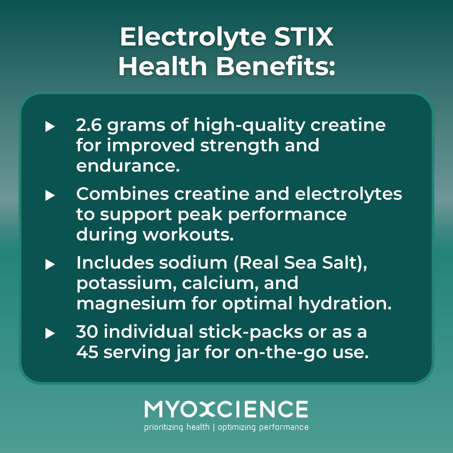 MYOXCIENCE Electrolyte STIX | Creatine Electrolyte Powder for Hydration & Recovery (Unflavored, 30 ct)