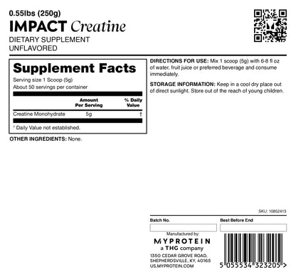 Myprotein Creatine Monohydrate Powder – Unflavored, 50 Servings (0.55 lb) – Pre & Post Workout Supplement