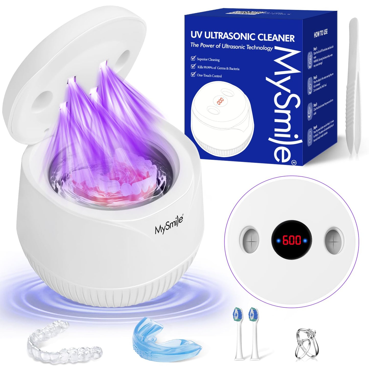 MySmile Dental Ultrasonic Retainer Cleaner – 45kHz 200ml, UV Light, Portable for Aligner & Mouth Guard