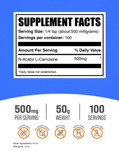 BulkSupplements N-Acetyl L-Carnosine Powder – 500mg per Serving, Gluten Free, 50g