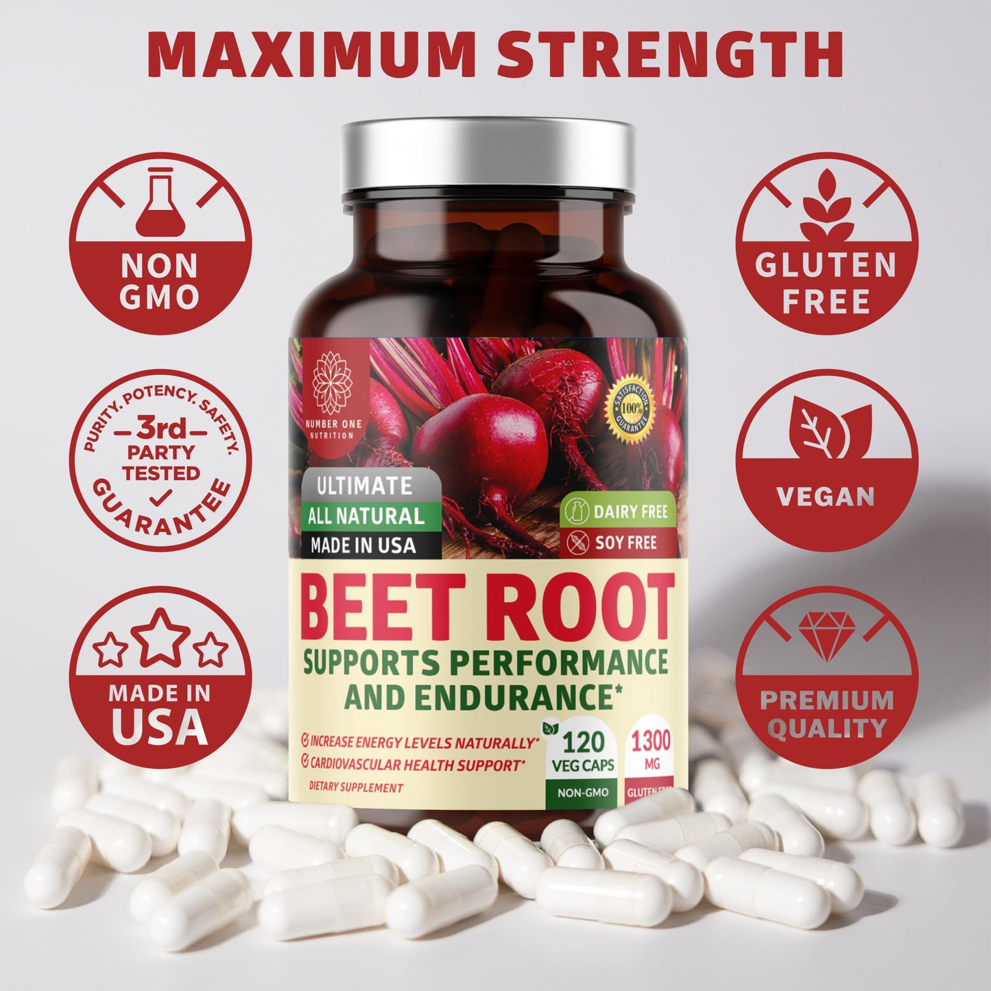 N1N Premium Organic Beet Root Capsules 1300mg – 120 Veg Caps | Non-GMO & Gluten Free