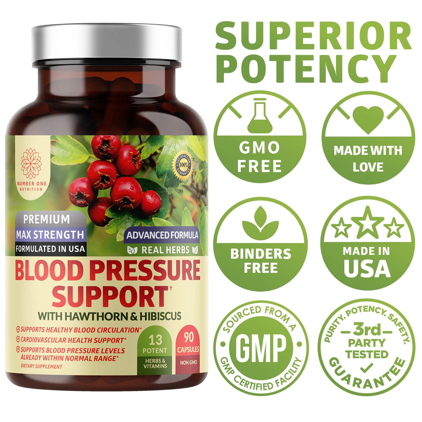 N1N Premium Blood Pressure Support with Hawthorn & Hibiscus, 90 Caps