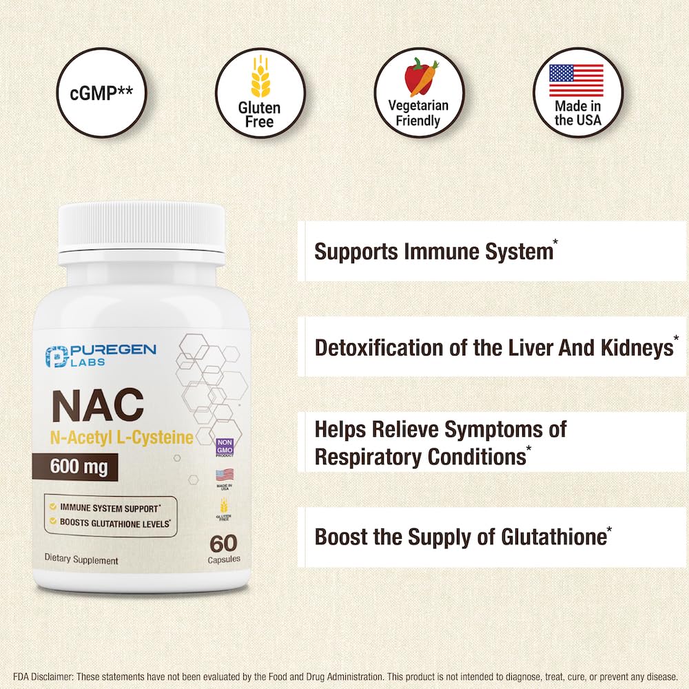 Puregen Labs NAC 600mg - Immune, Respiratory & Liver Support - 60 Veggie Capsules