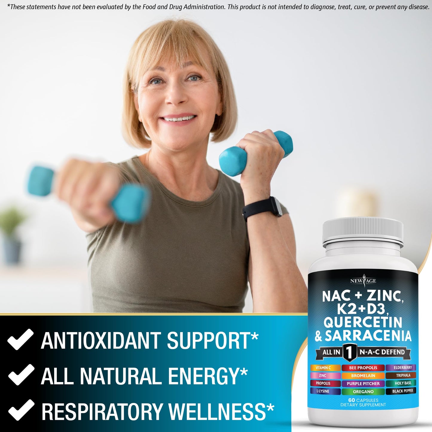 NEW AGE NAC Supplement with Vitamin D3, K2, Zinc – 180 Count