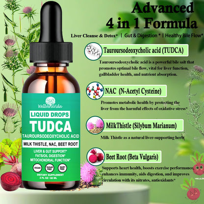 TUDCA 1000mg Liquid Drops – 4-in-1 Liver Support (NAC, Milk Thistle, Beet Root)
