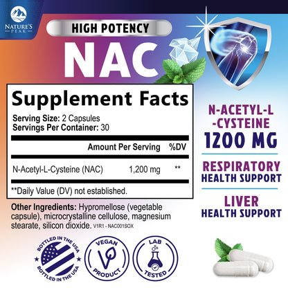 NAC 1200mg Supplement – Immune & Antioxidant Support | Liver & Lung Health – USA Made, 60 Caps