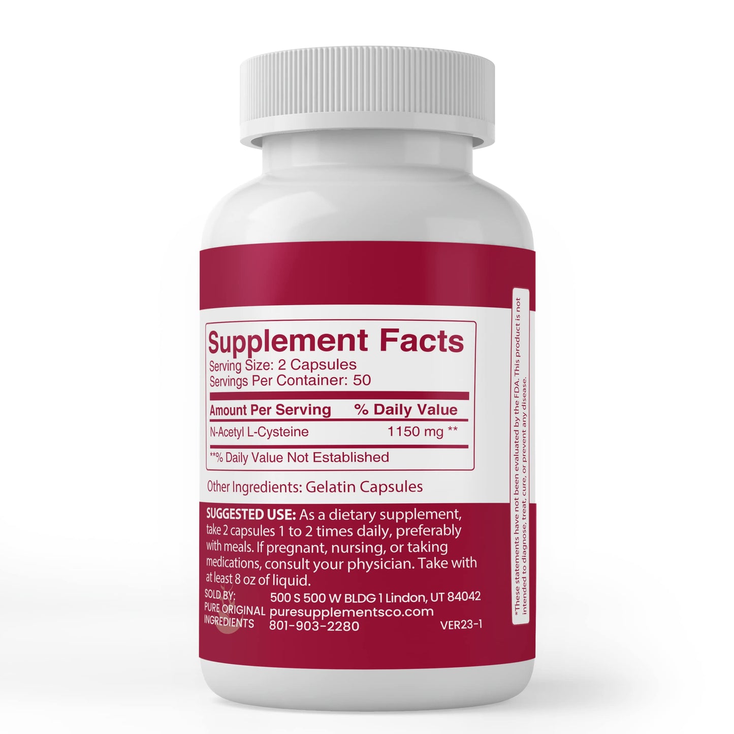 PURE ORIGINAL INGREDIENTS N-Acetyl L-Cysteine NAC - 100 Capsules | Lab Verified