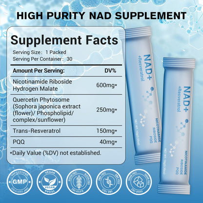 Premium NAD+ Liquid 1000mg | NR, Resveratrol & PQQ | Organic, Fast-Absorbing - 30 Packs