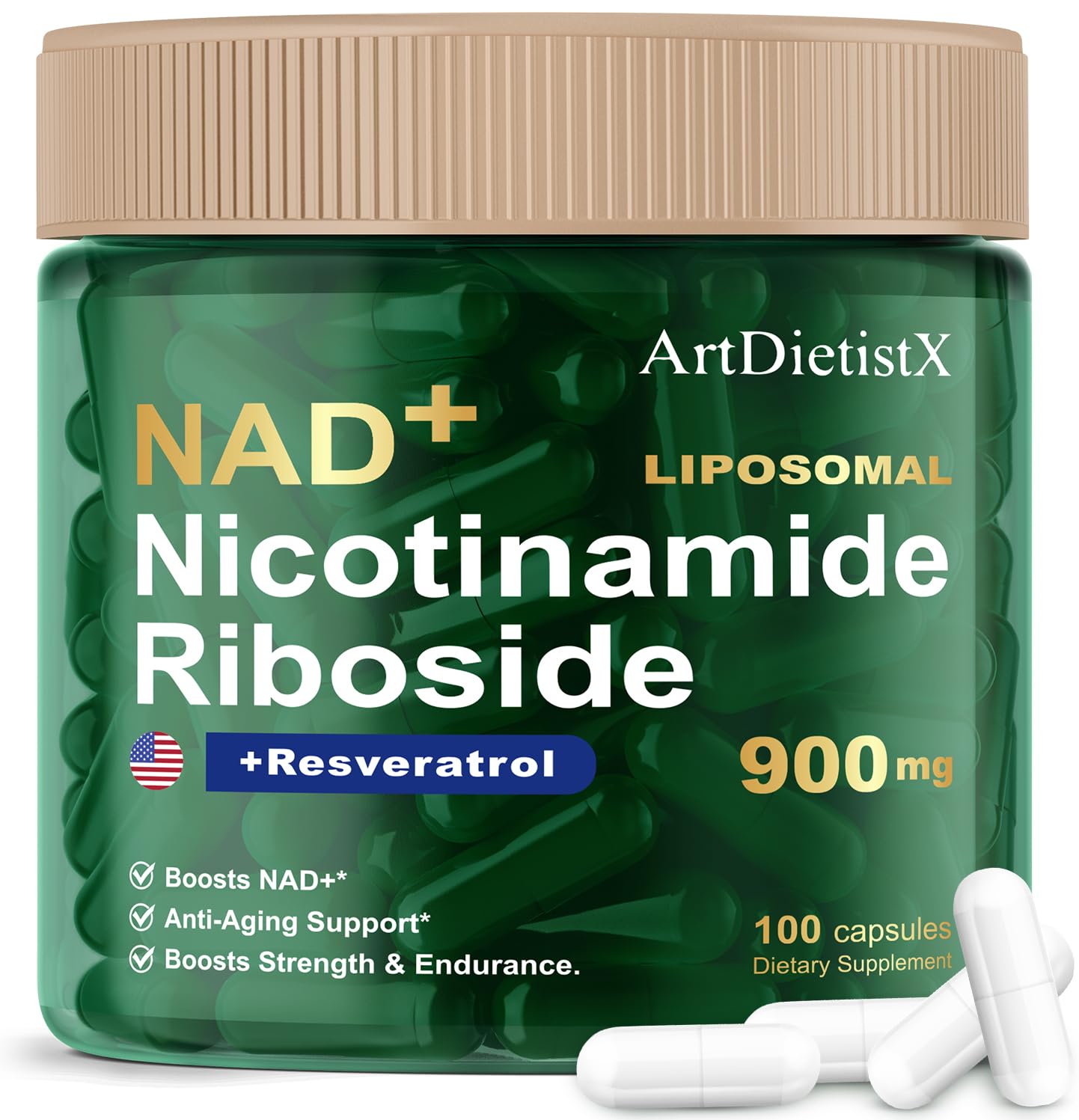 NAD+ NMN 900mg Liposomal NR with Resveratrol – 100 Capsules