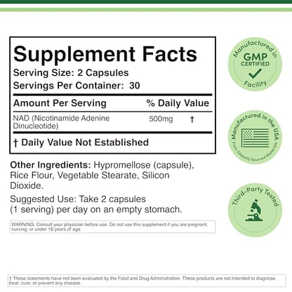 NAD+ Anti Aging & Cell Regeneration | 500mg of 95% Pure NAD Plus Per Serving, 30 Day Supply | Similar to Nicotinamide Riboside | Third Party Tested, Vegan Safe, Non-GMO