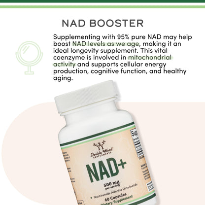 NAD+ Anti Aging & Cell Regeneration | 500mg of 95% Pure NAD Plus Per Serving, 30 Day Supply | Similar to Nicotinamide Riboside | Third Party Tested, Vegan Safe, Non-GMO