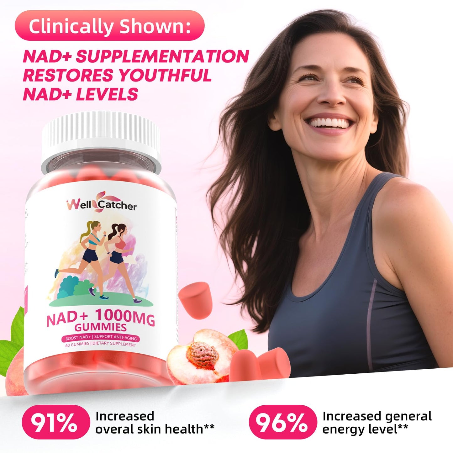 NAD+ Gummies 1000mg – Sugar Free Vitamin B3 Niacinamide (Peach, 60 Count) | NAD+ Boost & Anti-Aging